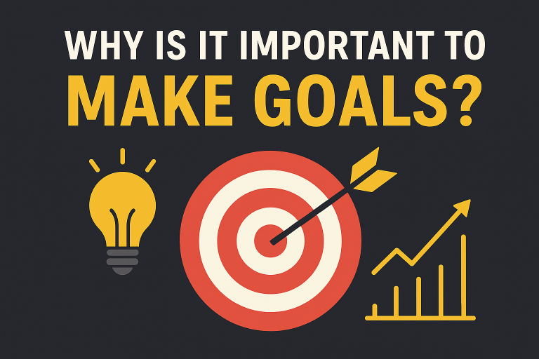 Dark-themed digital illustration showing a person standing thoughtfully in front of a large question mark, symbolizing the importance of setting goals for clarity, direction, and purpose.