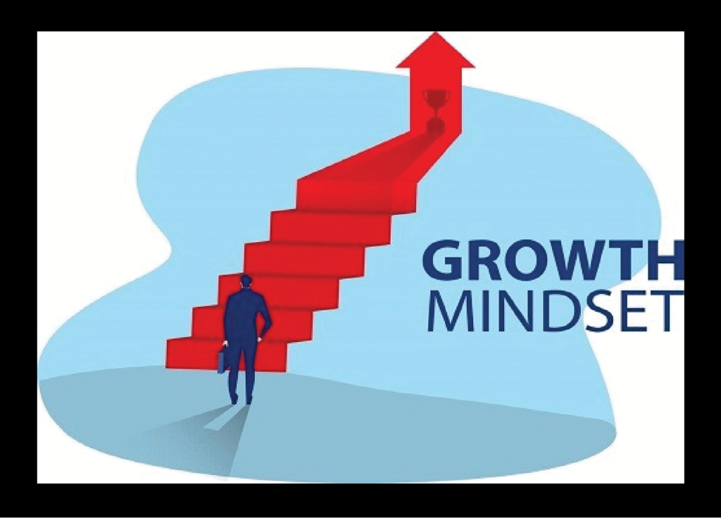 Illustration of a man climbing red stairs that lead to a trophy at the top, symbolizing growth mindset, progress, and personal development.