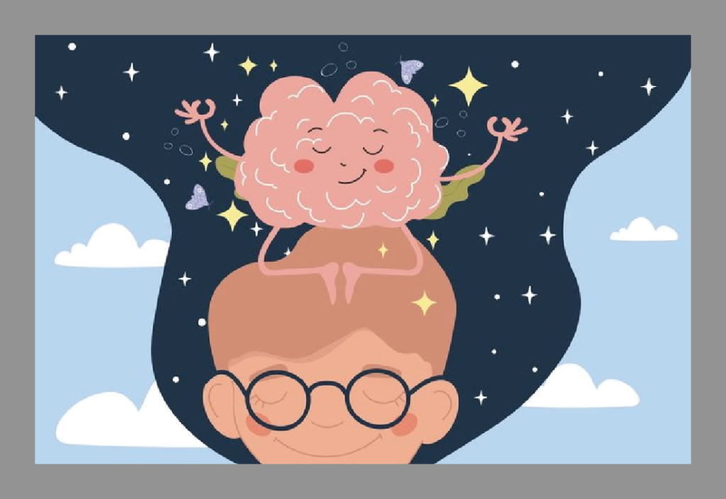 Cartoon illustration of a calm brain meditating on top of a student's head, symbolizing mindfulness and stress management for better focus and mental health.