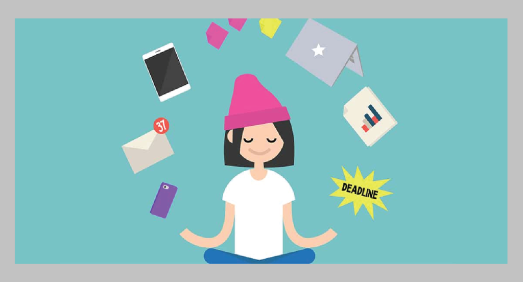 Illustration of a young woman meditating calmly while surrounded by deadlines, emails, phone, and documents, symbolizing stress management and mindfulness in daily life.