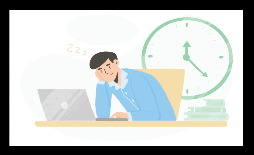 Illustration of a tired man sitting at a desk with a laptop, resting his head on his hand, while a large clock in the background shows time passing, symbolizing poor time management and procrastination.