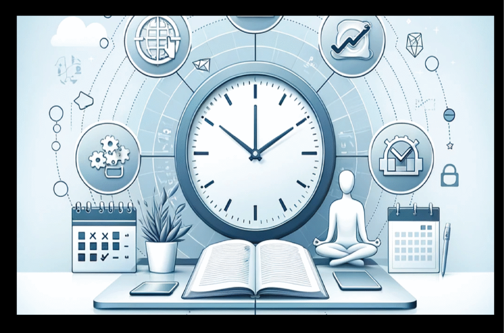 Time management concept illustration showing a large clock surrounded by productivity icons, open book, calendar, meditation figure, and digital planning tools."