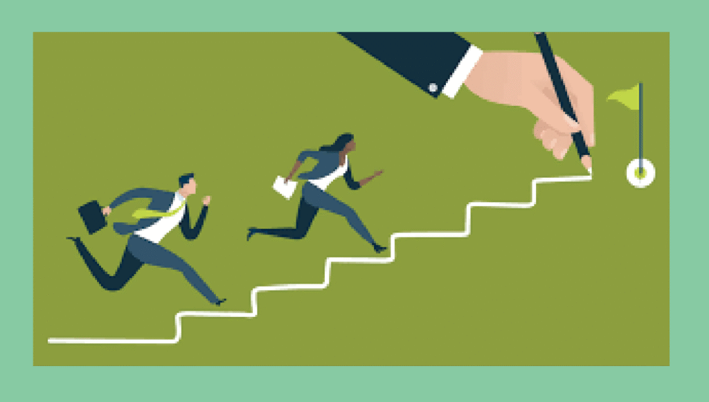 Illustration of employees climbing career steps towards a goal flag, symbolizing how goal setting boosts performance and motivation at work."