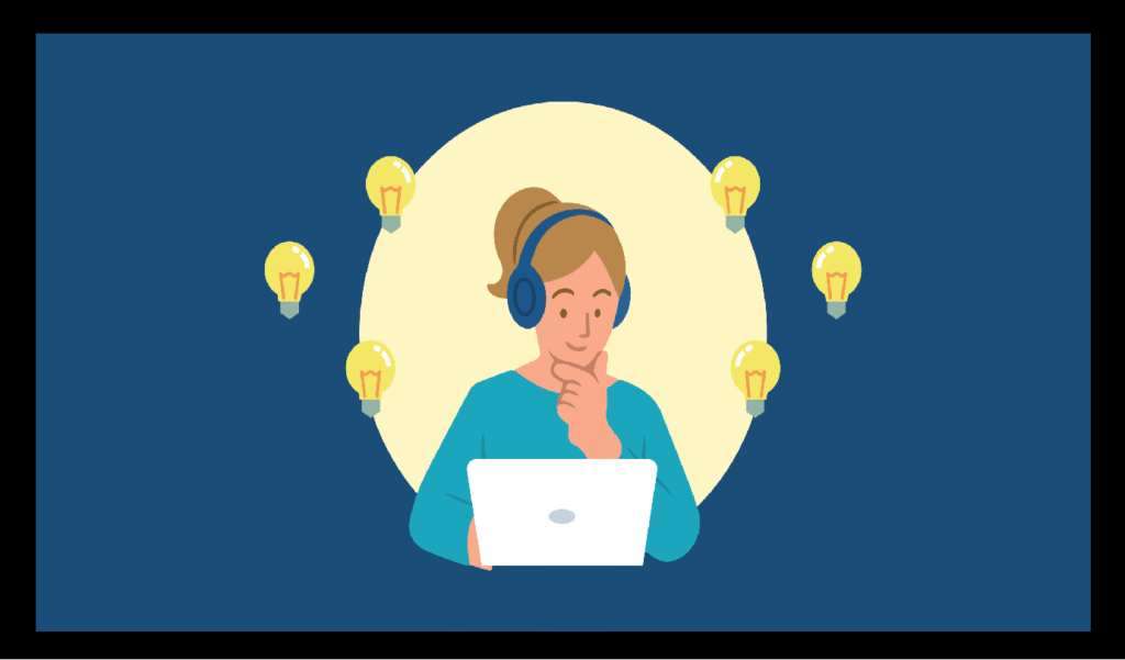 A focused woman wearing headphones and working on a laptop, surrounded by light bulbs symbolizing concentration and new ideas.