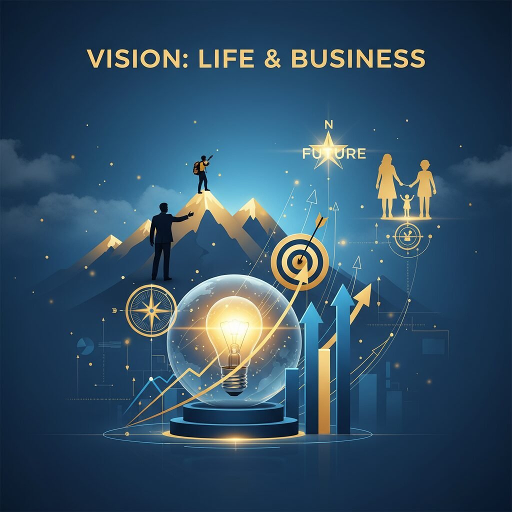 Illustration of vision in life and business showing a glowing light bulb, rising bar graphs, mountain climbers, compass, family figures, and future direction symbolizing clarity, goals, and success.