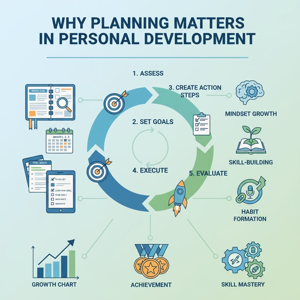 Infographic showing why planning matters in personal development with five key steps: assess, set goals, create action steps, execute, and evaluate; includes icons for mindset growth, skill-building, habit formation, achievement, growth chart, and skill mastery.