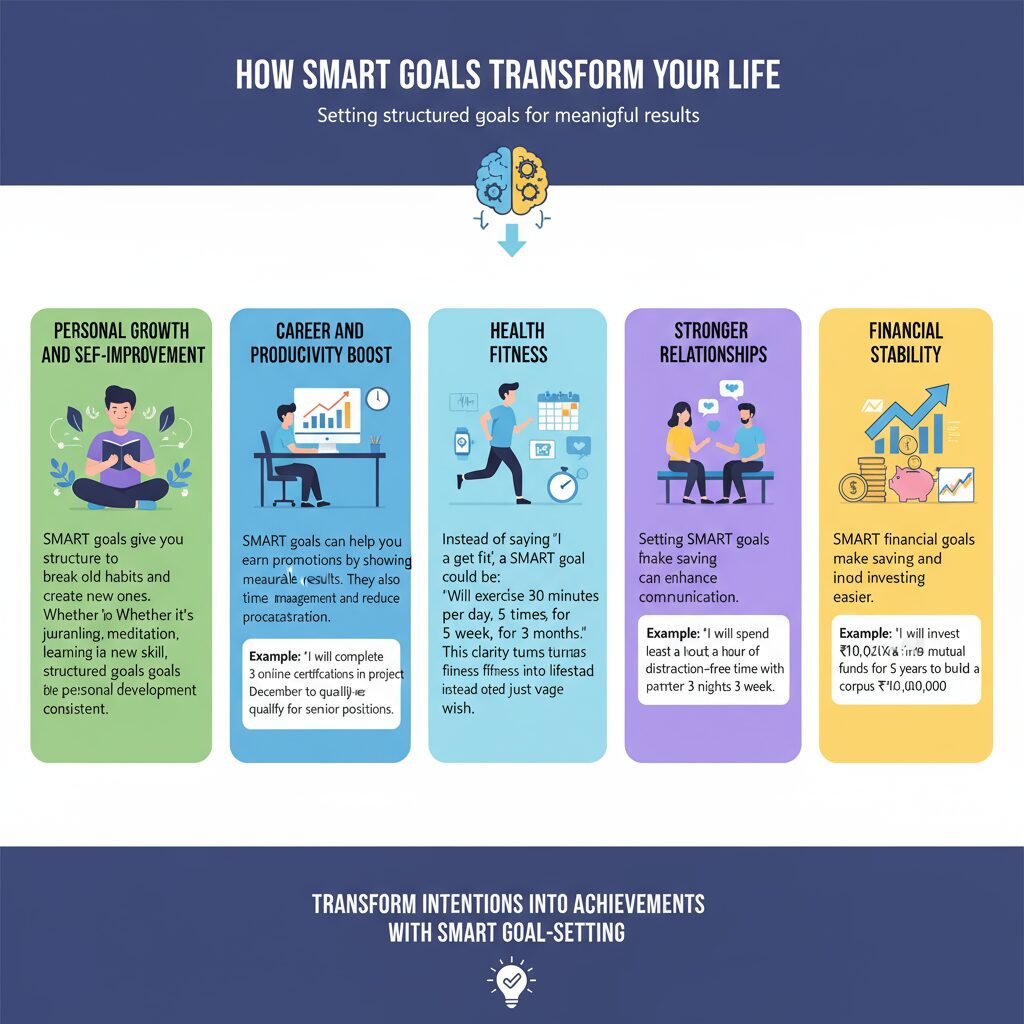 Infographic showing how SMART goals transform your life in five areas: personal growth, career and productivity, health and fitness, stronger relationships, and financial stability, with examples for each