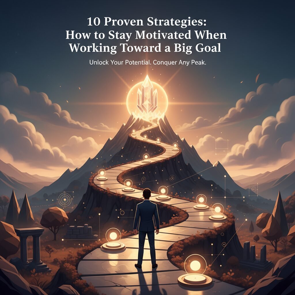 llustration of a man standing at the start of a glowing path that winds up a mountain toward a shining peak, symbolizing the journey of achieving big goals with motivated and perseverance.