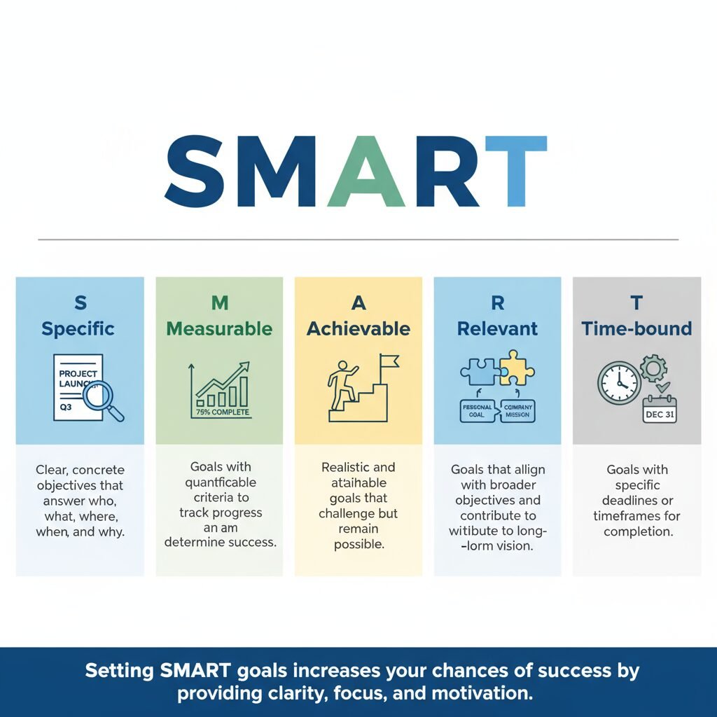 SMART goals infographic showing Specific, Measurable, Achievable, Relevant, and Time-bound with short descriptions and icons.